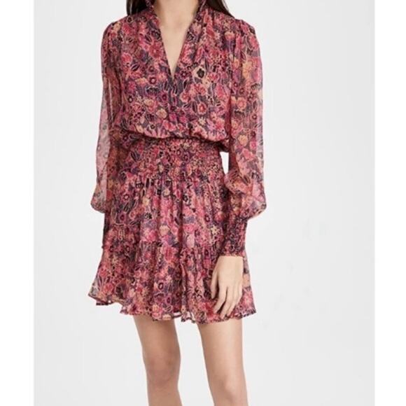 A.L.C Silvie Silk Mini Dress Size 10 Metallic Smocked Pink Floral Feminine Fairy - Picture 1 of 16